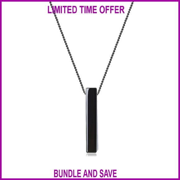 Simple Bar Pendant Necklace with Black Obsidian Stone 24 Inch Chain